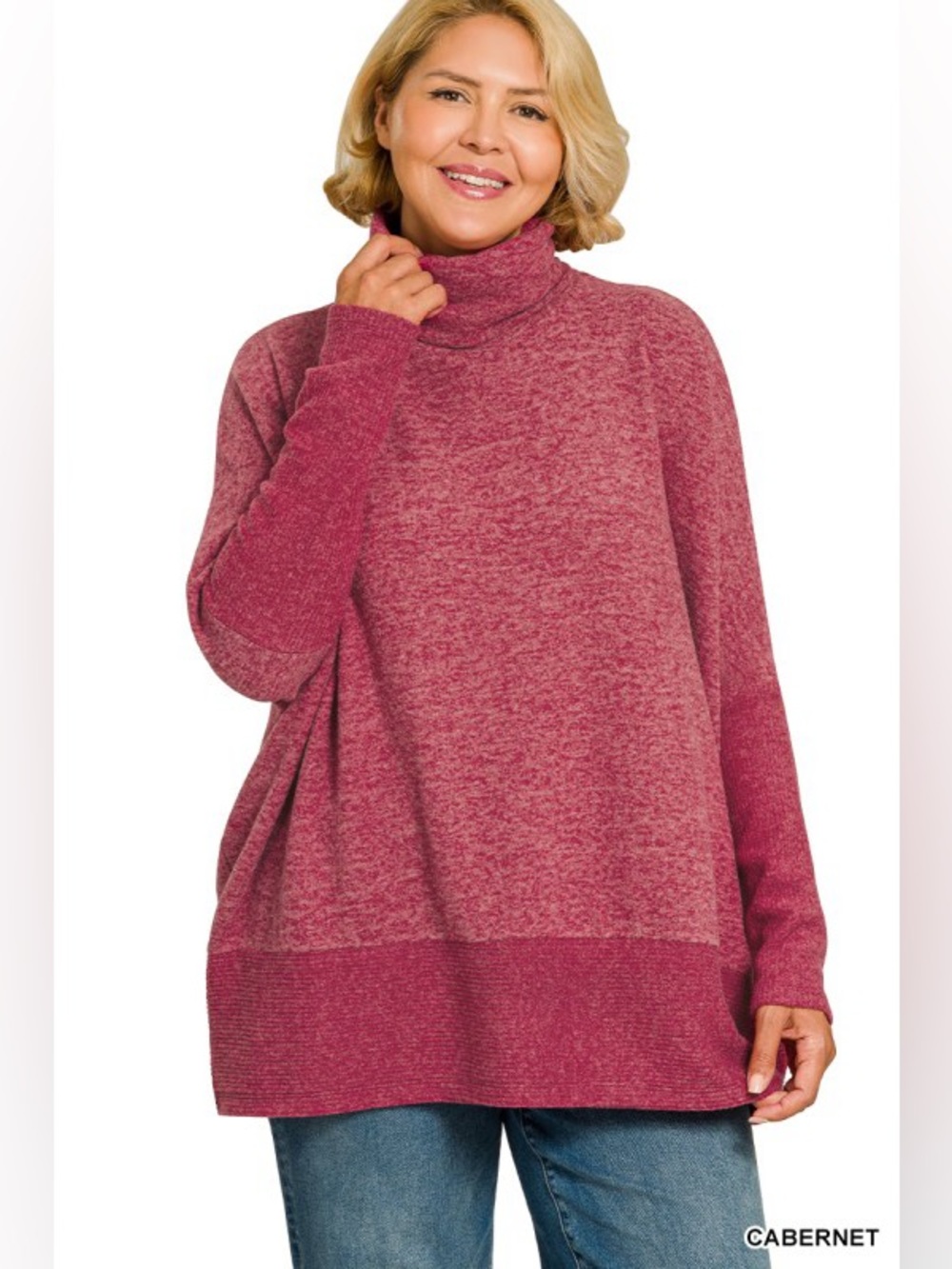 NWT Zenana Plus Cabernet Brushed Melange Hacci Turtleneck Sweater